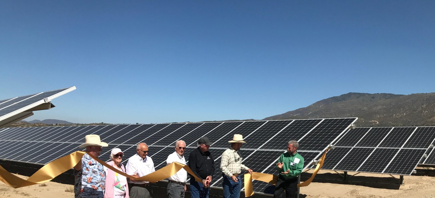 Opening day at a Cenergy solar project: neighbours and local officials cutting a ribbon in front of the panel rows, with hills behind