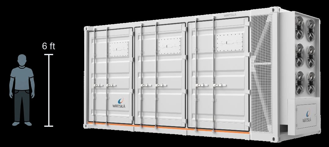 The Wartsila Quantum3 battery unit: a white cabinet about the size of a shipping container, with access doors along one side and cooling fans at one end. A 6-foot person silhouette stands beside it for scale